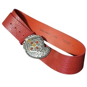 Fabio Corti Red Leather Boho Western Belt Silver Buckle Stone Inlays Wmn L